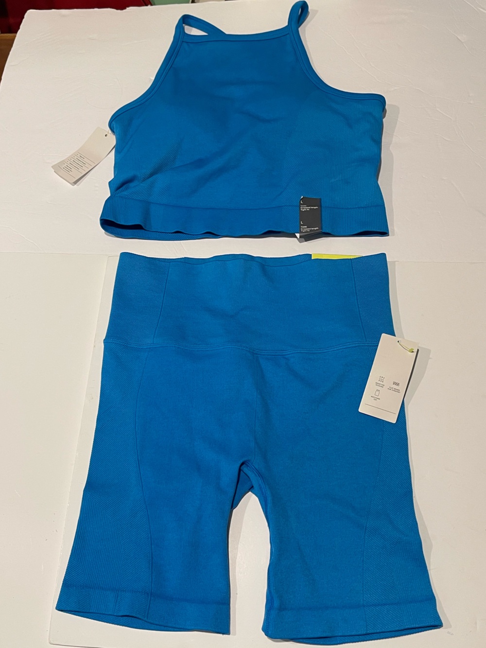 All in motion NWT large Blue Knit biker shirt bottoms crop sports bra top set
